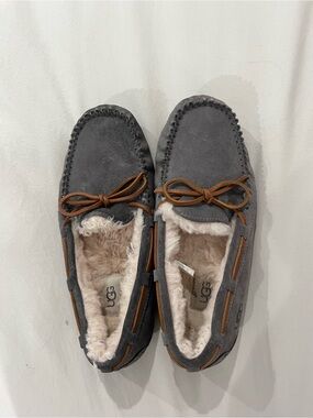 UGG Gray Suede Moccasin Slippers with Brown Leather Bow